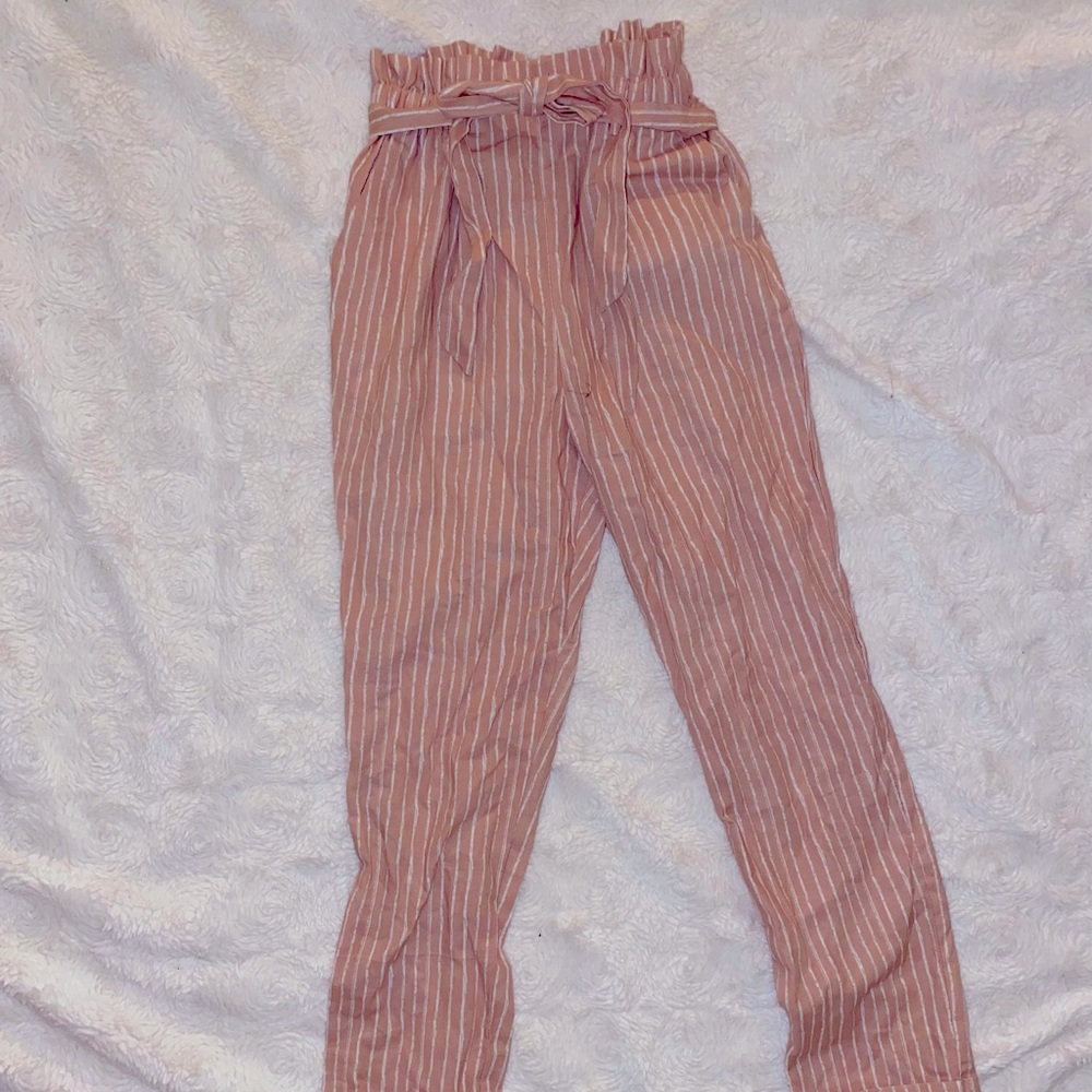 Pink and White Pinstriped Paperbag Pants